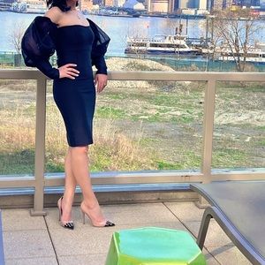 Black off shoulder lanterns sleeves slit dress